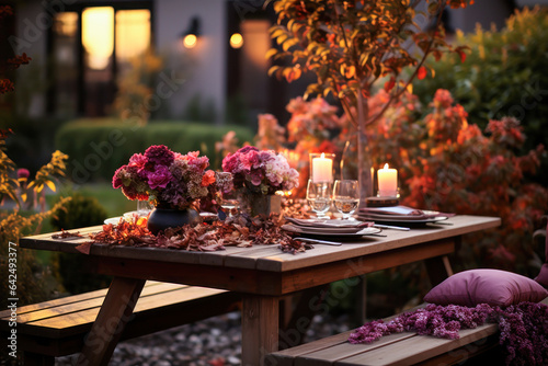 Autumn outdoor wood picnic table with flowers, candles and pillow, backyard, night, romantic, fall harvest season, rustic, fete party, outside dining tablescape