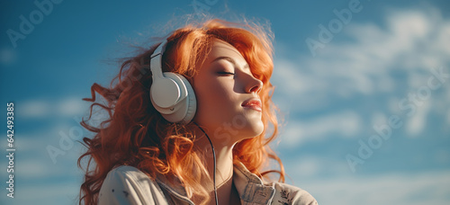 girl with headphones listening music outdoor