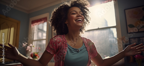 Young adult african american woman dancing happily at home