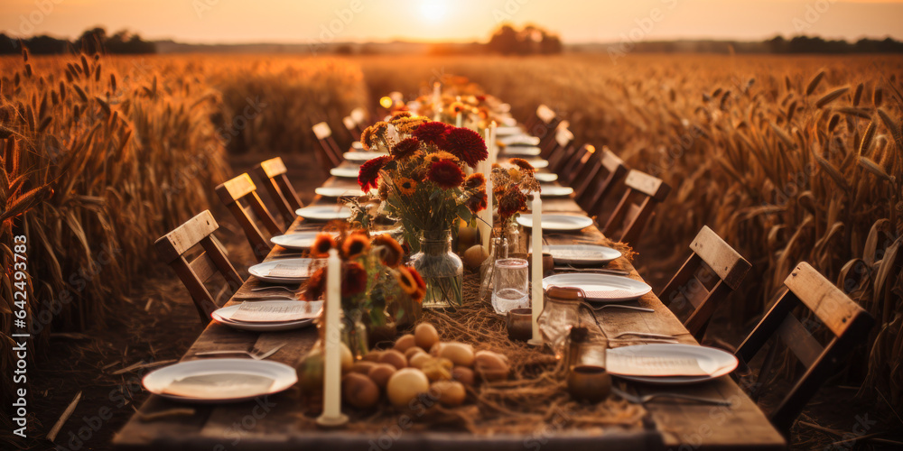 Autumn outdoor long banquet table setting, wheat field, fall harvest ...
