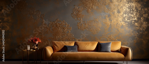 Mockup - obraz na ścianie. Ciemne wnętrze, brązowa kanapa i złota zdobiona ściana. Render 3d