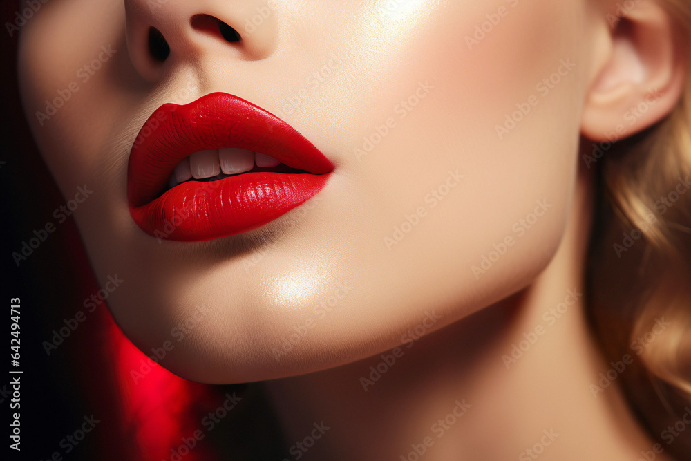 Obraz premium A close-up of a model's red lips adorned with luxurious red lipstick. The image showcases glamour, elegance, and a touch of retro style.