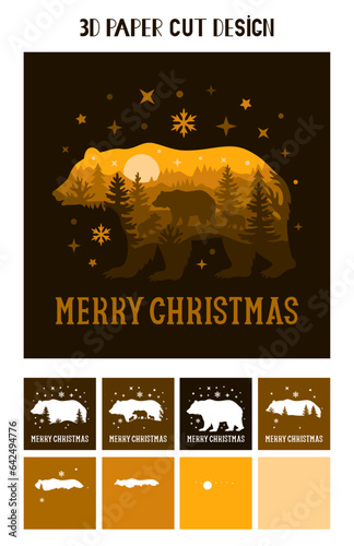 3D Bear Christmas shadow box. Vector layered tunnel card. Merry Christmas multilayer paper cut design. Template for paper cutting. Christmas light box.
