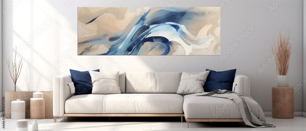 Mockup produkt - obraz na ścianie w salonie. Wizualizacja jasnego wnętrza. Biel i błękit. Render 3d - obrazy, fototapety, plakaty 