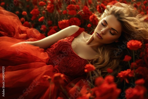 A Scarlet Dream: A Beautiful Woman Resting in a Field of Red Roses
