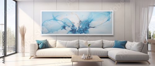 Mockup - abstrakcyjny obraz na ścianie w salonie. Wizualizacja jasnego wnętrza. Biel i błękit. Render 3d