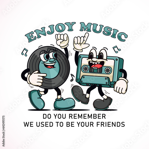 Retro mascot of vinyl records and cassettes that dances to the music. Perfect for logos, mascots, t-shirts, stickers and posters