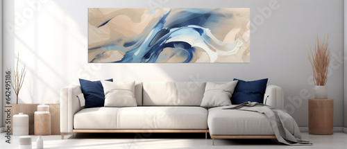 Mockup produkt - obraz na ścianie w salonie. Wizualizacja jasnego wnętrza. Biel i błękit. Render 3d © yeseyes9