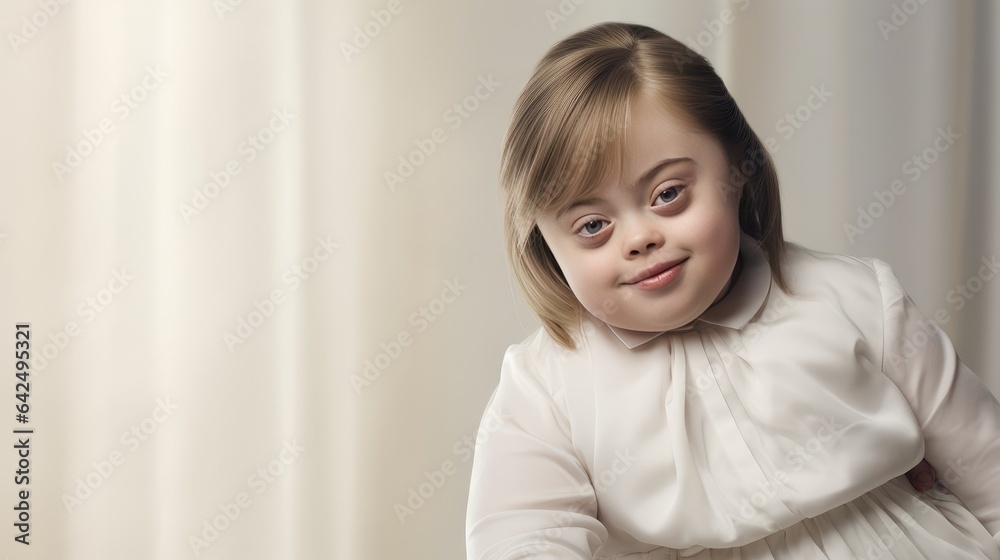 Happy little girl with Down syndrome, break down barriers and promote the idea that everyone deserves respect, opportunity and happiness, regardless of their ability.