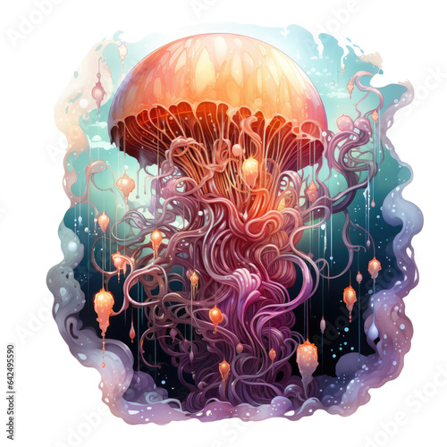 An Ethereal Graphic T-Shirt Design Featuring A Jellyfish In A Celestial Ocean Where Nebulae And Cosmic, Generative Ai photo