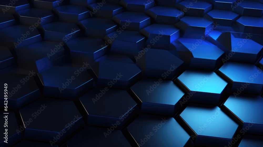 Dark blue hexagons, bright mesh pattern. Created using generative artificial intelligence technology. Dark blue hexagons, bright mesh pattern. Created using generative artificial intelligence technology.