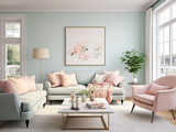 Pastelowy salon - miętowa kanapa. Mockup - obraz na ścianie. Miętowe i różowe wnętrze. Reneder 3d - wizualizacja