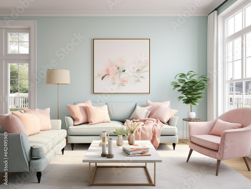 Pastelowy salon - miętowa kanapa. Mockup - obraz na ścianie. Miętowe i różowe wnętrze. Reneder 3d - wizualizacja © yeseyes9