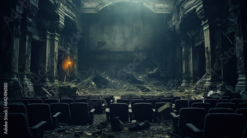 An abandoned theatre with broken seating is set against a dark haze. The space includes old chairs and is lit by a large hole in the ceiling. photo