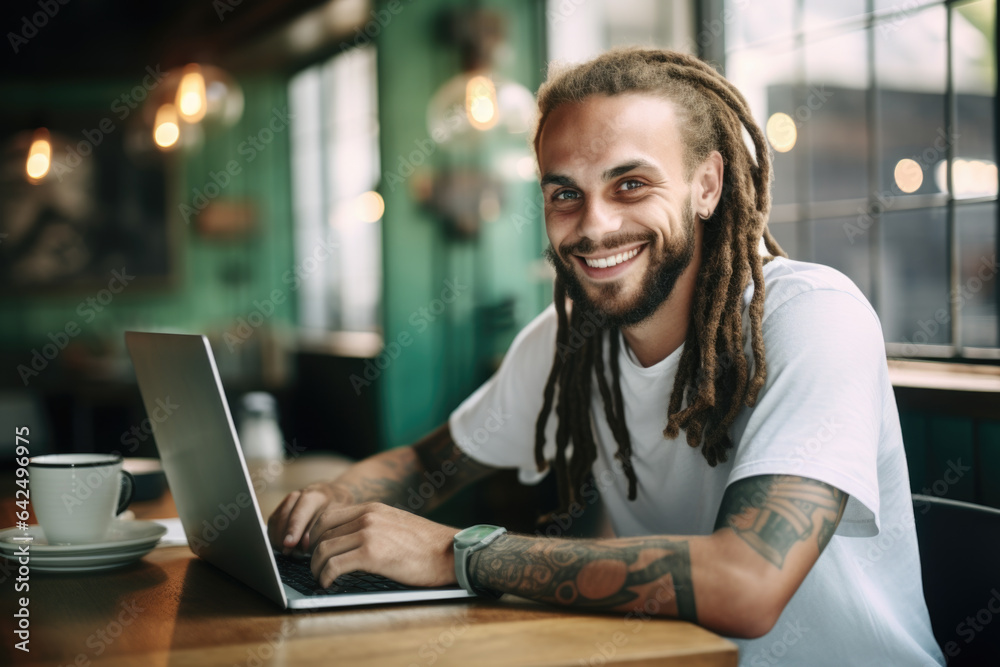 Smiling handsome hipster man with dreadlocks and tattoos sitting and working on his laptop in coffee shop
Smiling handsome hipster man with dreadlocks and tattoos sitting and working on his laptop in coffee shop