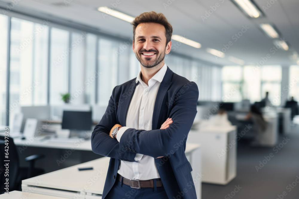 Confident and smiling handsome man standing in the office