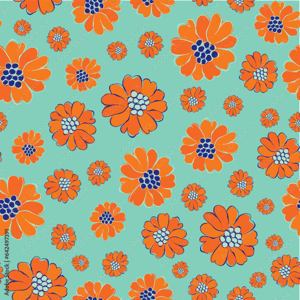 Tropical Gerbera floral vector seamless pattern background. Line art hand drawn Barberton Daisy flower heads, blossom, petals. On blue backdrop .Botanical flowers repeat for garden concept, packaging