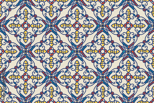 Seamless colorful patchwork tile with Islam, Arabic, Indian, ottoman motifs. Majolica pottery tile. Portuguese and Spain decor. Ceramic tile in talavera style. Vector illustration.