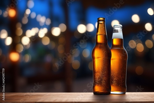 a bottle of beer with a fresh glass of beer on a table with copy space
