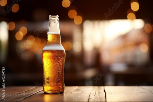 a fresh bottle of beer on a table in a bar