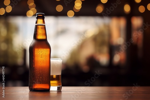 a fresh bottle of beer on a table in a bar