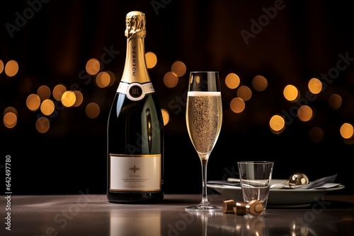 two glasses of champagne next to a bottle on a table with blurred background