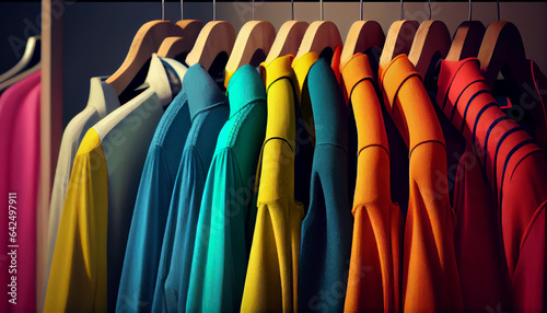 Colourful clothes on hangers in a dressing, Ai generated image