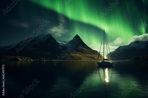 a sailboat sailing under the green shine of aurora borealis in the fiords of Norway