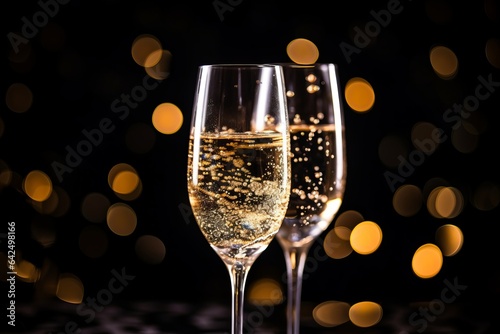 close up of a glass of champagne full of bubbles in blurred light background