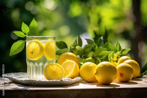 fresh lemons and a glass of lemonade on a table with blurred background