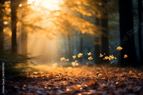 forest ground in autumn under sunset light