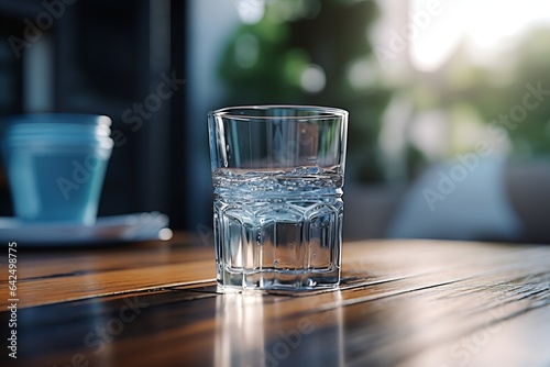 a glass of fresh water on a table with blurred background