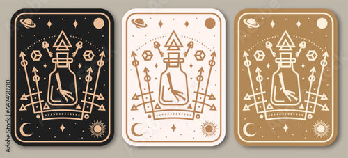 Esoteric symbols poster, banner. Vector. Thin line geometric badge. Outline icon for alchemy or sacred geometry. Mystic and magic sacred geometry tattoo design with unreal geometrical cube, moon, sun