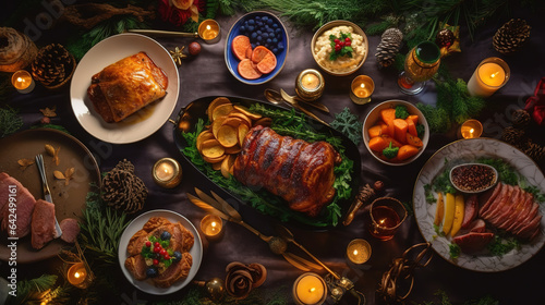 Flat lay of christmas steak on plate with globes and pine cones decor. Generative ai