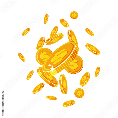 Golden sparkling coins. Banner with falling dollars isolated on white background. 