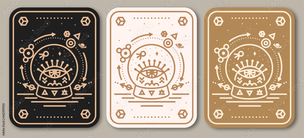 Esoteric symbols poster, banner. Vector. Thin line geometric badge. Outline icon for alchemy or sacred geometry. Mystic and magic design with glass ball and all-seeing eye. Esoteric symbols poster, banner. Vector. Thin line geometric badge. Outline icon for alchemy or sacred geometry. Mystic and magic design with glass ball and all-seeing eye.