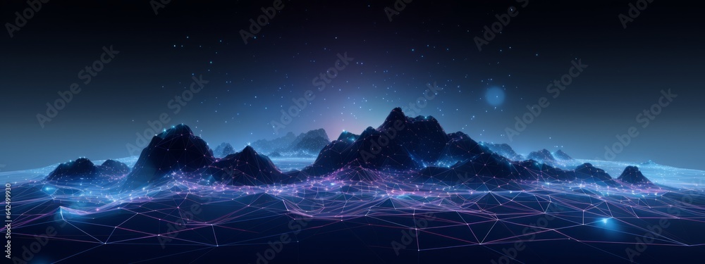 Abstract technology background. Big data visualization. Network connection. Abstract dots and lines with elevation in dark background.