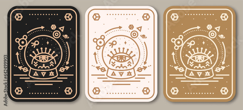 Esoteric symbols poster, banner. Vector. Thin line geometric badge. Outline icon for alchemy or sacred geometry. Mystic and magic design with glass ball and all-seeing eye.