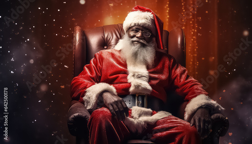 African american man in Santa Claus suit looking and attentively listens to your wish sitting at sofa