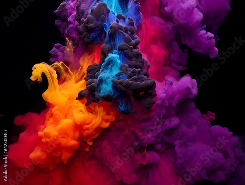 Bluish smoke cloud of colored powder images, in the style of bright orange, purple and blue colors, video glitches, high quality photography, colorful explosions