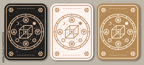 Esoteric symbols poster, banner. Vector. Thin line geometric badge. Outline icon for alchemy or sacred geometry. Mystic and magic sacred geometry tattoo design with unreal geometrical cube, moon, sun