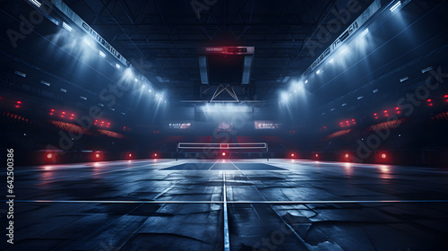 a dimly lit basketball court with lights and a net Generative AI