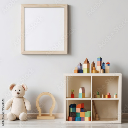 Children's room with wooden toys and an empty picture.