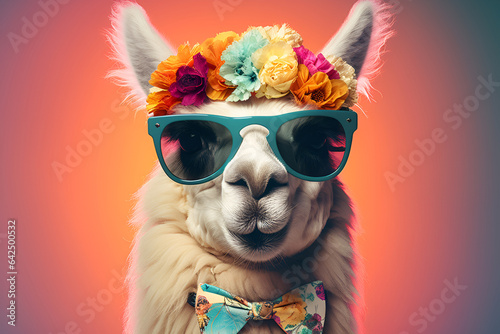Cheerful llama, alpaca in glasses on a bright background, with a multi-colored bow tie. Humorous postcard, funny poster.