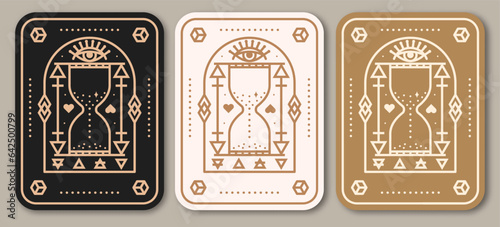 Esoteric symbols poster, banner. Vector. Thin line geometric badge. Outline icon for alchemy or sacred geometry. Mystic and magic design with all-seeing eye and hourglass