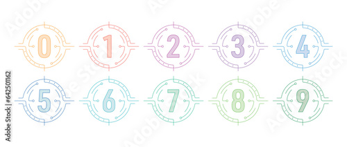 0-9 numbers on a white background. round digital interface and numbers