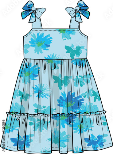 SHOULDER BOW TIE UP TIERED SUMMER DRESS FOR KID GIRLS AND TODDLER GIRLS IN EDITABLE VECTOR