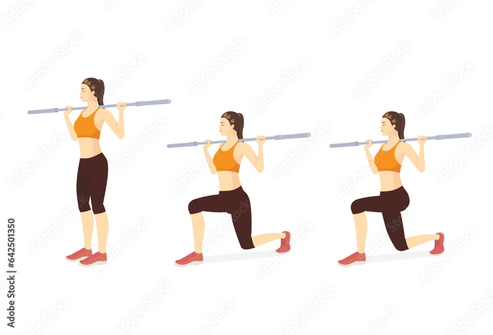 Sport woman doing Barbell lunges exercise pose by empty barbell. Workout diagram about building muscle with weight lifting equipment. Target on shoulder, hip, leg, arm, abdominal.