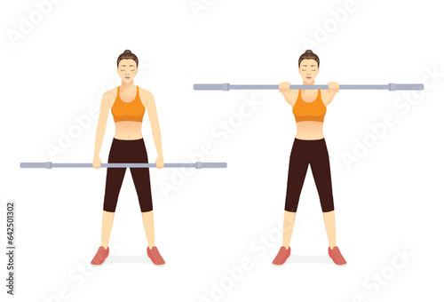 Sport woman doing the Barbell Front raise exercise with empty Barbell in 2 steps. Fitness diagram about challenging workouts with exercise equipment.