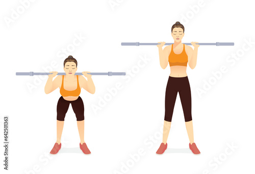 Sport woman doing Barbell lunges exercise pose by Cap Barbell. Workout Target on shoulder, hip, leg, arm, abdominal with weight lifting equipment.